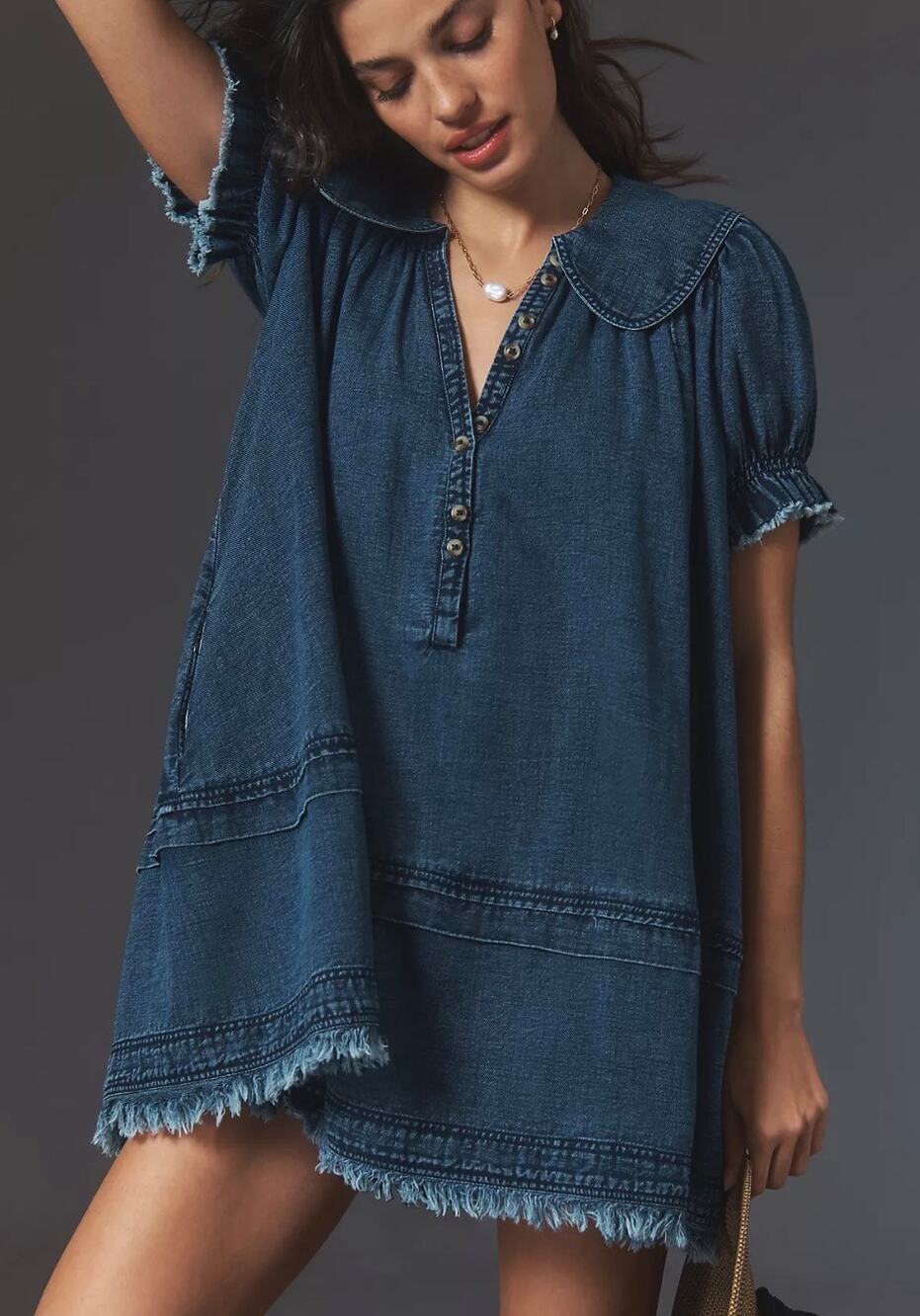 Pilcro Anthropologie Findley Puff-Sleeve Collared Mini Dress Blue Women's L